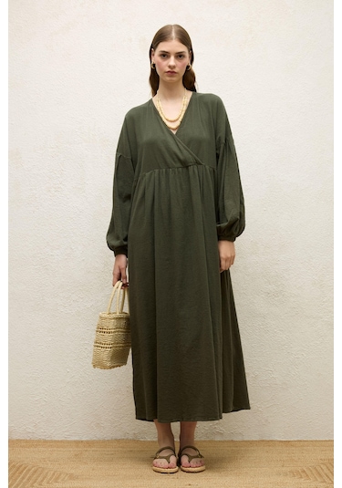 Manuka Pamuklu Kruvaze Elbise Zümrüt