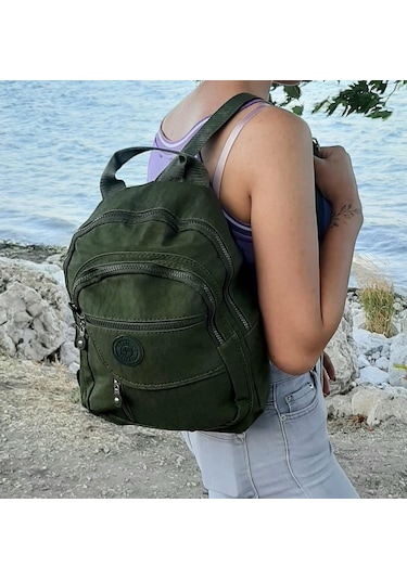 Fiyra S1 Haki Renk Krinkıl Kumaş Dört Bölmeli Bayan Sırt Çantası-Haki-Std