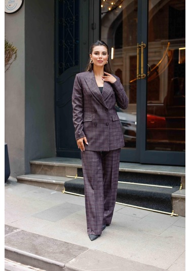 6 Düğmeli Kruvaze Ekose Takım Bordo Bordo