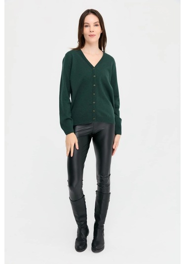 Desen Triko Kadın V Yaka Yün Hırka 21021 Yeşil Yeşil