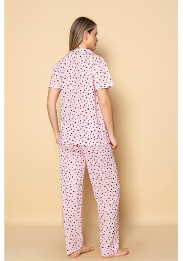 Dreamy Pamuklu Kalp Desenli Kısa Kollu Düğmeli Gömlek Pijama Takımı Pembe