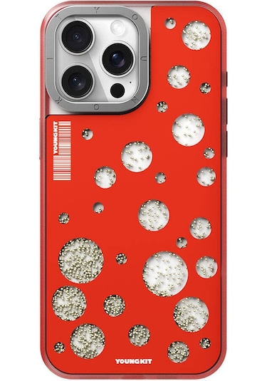 İphone 15 Pro Max Uyumlu Kılıf Magsafe Şarj Özellikli Youngkit Quicksand Beads Serisi Kapak Kırmızı