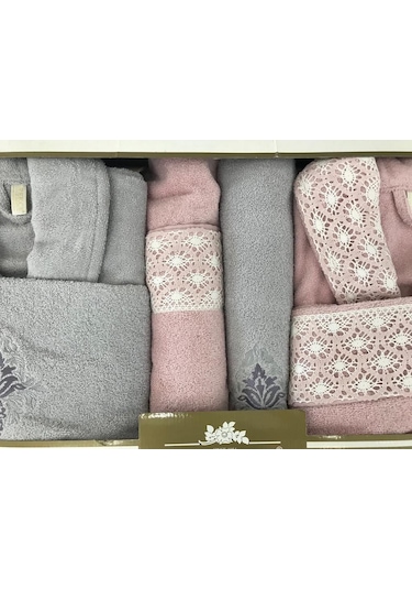 İpekçe Home Organzeli Aile Bornoz Seti Gri