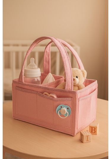 Anne Bebek Kalın Keçe Bakım Çantası Yenidoğan Için Organizer Düzenleyici Çok Amaçlı Pembe Pembe Overlok Detay