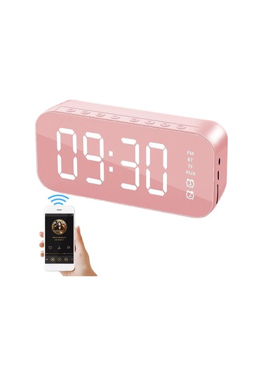Lemestar Pembe Mini Masaüstü Müzik Çalar - Akıllı Alarm Saati, Led Ayna Ekranlı, 6 Saat Çalma Süresi, Bluetooth Hoparlör