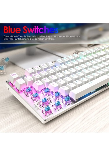 Leaven K660 Daktilo Tarzı Beyaz Tam Mekanik Gaming Kablolu Oyuncu Klavyesi - Blue Mavi Switch