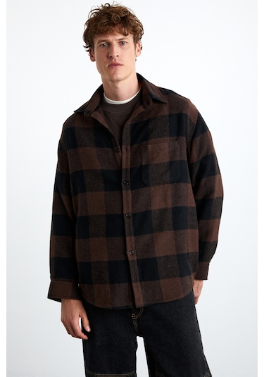 Wıldy  Erkek Pamuk-polyester Gömlek Yaka Relaxed Oduncu Kahverengi Gömlek