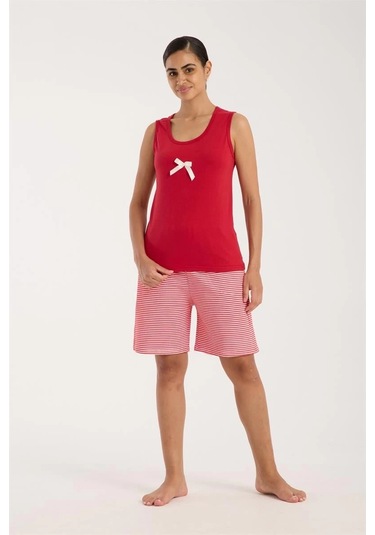 Giyim Kadın Kırmızı Kurdele Detaylı Çizgili Şortlu Pijama Takımı Kırmızı