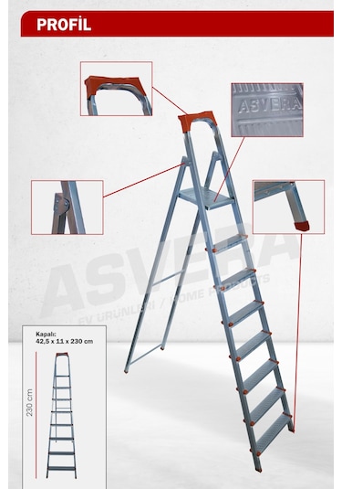 Asvera 7+1 8 Basamaklı Katlanabilir Profil Merdiven - Sağlam Çelik Çatı Ve Depo Merdiveni