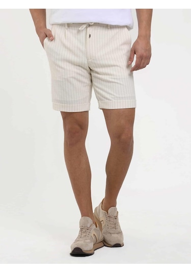 Dufy Ekru Erkek Slim Fit Çizgili Casual Short - 104661-Ekru