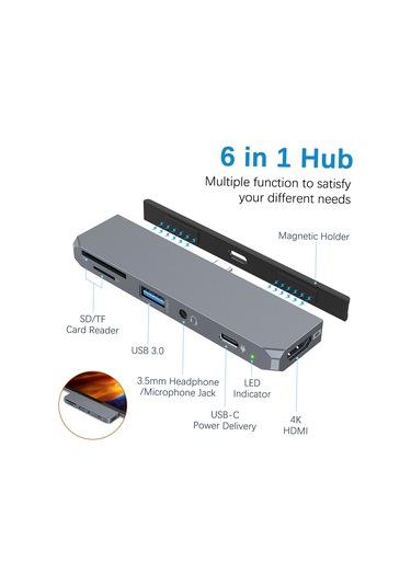 Springsun İpad Uyumlu Pro 2018 İçin 6-1 Usb-c Hub: 4k Hdmı, 60w Pd Şarj, Usb 3.0, Sd/tf Kart Okuyucu, 3.5mm Ses Portu - Alüminyum Gümüş