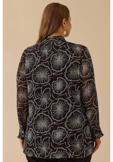Galaxi Kadın Büyük Beden Çiçek Desenli Şifon Gömlek 4016 Siyah Siyah