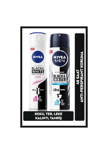 Nivea Black & White Clear Kadın Sprey Deodorant 150 ML + Black & White Fresh Erkek Sprey Deodorant 2 x 150 ML