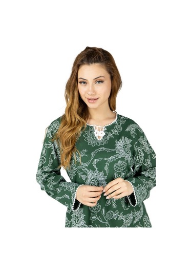 Uzun Kol Şile Bezi Baskılı Uzun Elbise Çınar Desen Yeşil