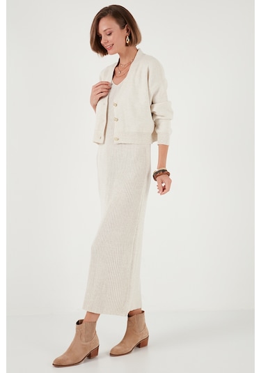 Lela V Yaka Fitilli Uzun Triko Bayan Elbise 4616169 Açık Taş