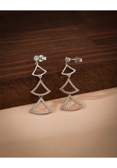 925 Ayar Zirkon Taşlı Rodyum Üçgen Motifli Şık Özel Tasarım Sallantılı Gümüş Küpe Re10221