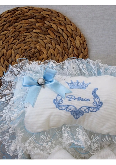 Yenidoğan Nil Taç Nakışlı Kundaklı Trilüks 3lü Alt Açma Seti Mavi Mavi