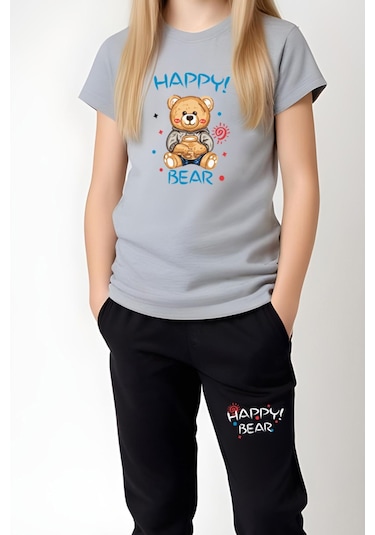 Fyk Kids Kız Çocuk Baskılı Happy Bear Bel Detayı Lastikli Alt-üst Pijama Takımı Gri