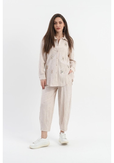 Yanı Yırtmaçlı Krinkıl Kumaş Göz Nakışlı Keten Gömlek - Bej-bej Bej