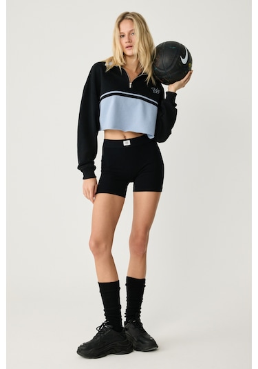 Urban Beat Mıkaela Kadın Dik Yakalı Crop Siyah Sweatshirt Siyah