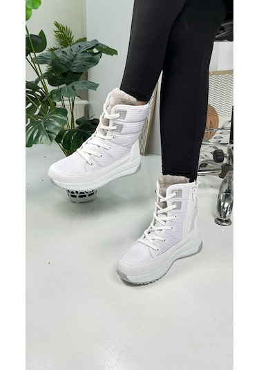 Günlük Kadın Kar Botu Kürklü Bağcıklı Fermuarlı Rahat Yüksek Kalın Tırtıklı Taban Bootie 815 Beyaz