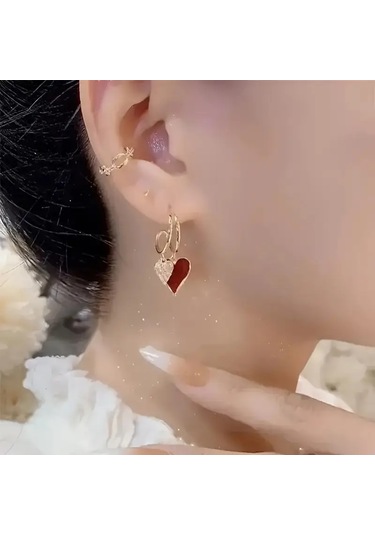 Mumicemum Glamour Çift Kalp Sallantılı Küpeler Altın - Kırmızı
