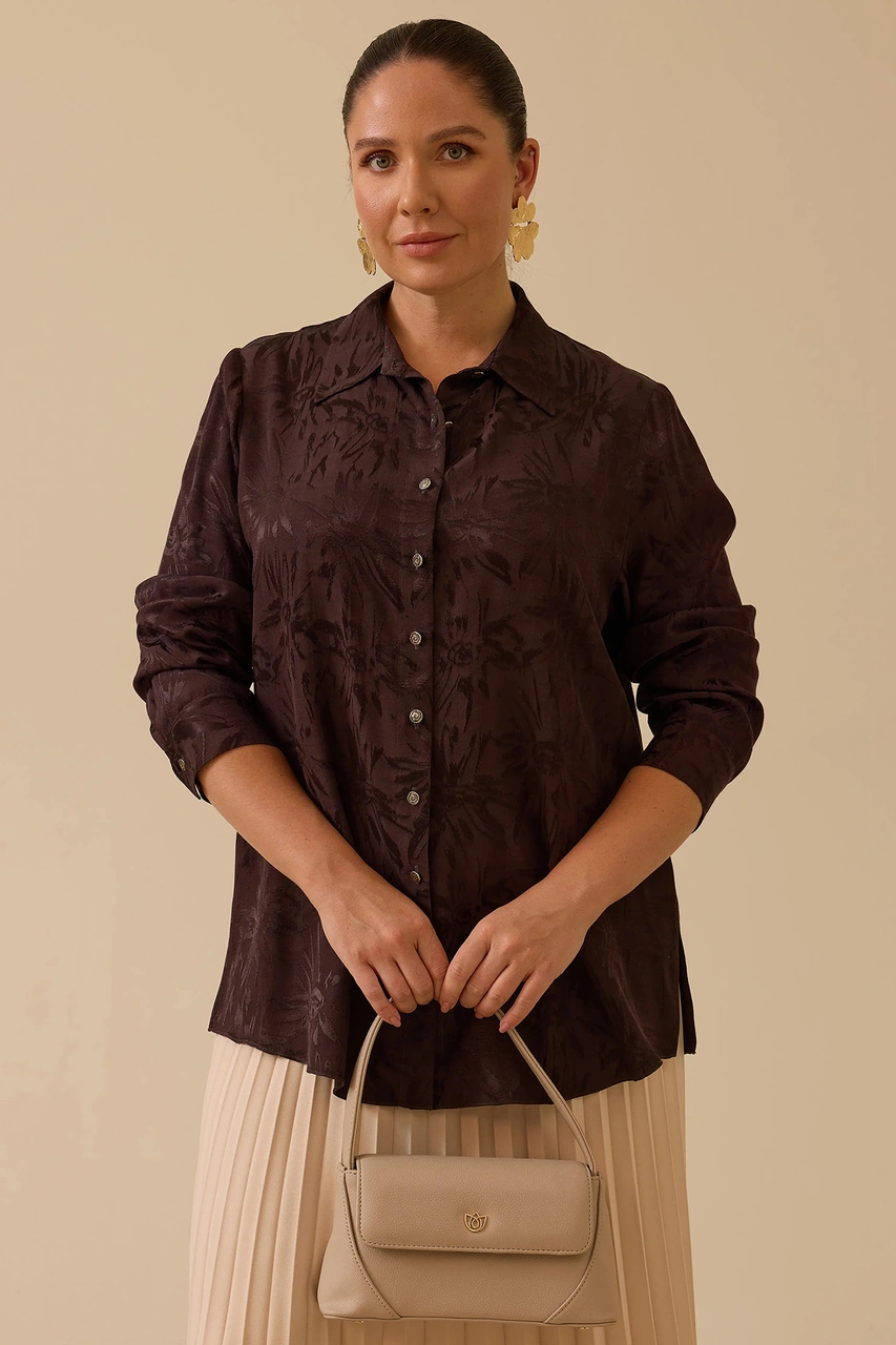 Galaxi Kadın Büyük Beden Çiçek Desenli Jakar Gömlek 4018 Kahverengi Kahverengi