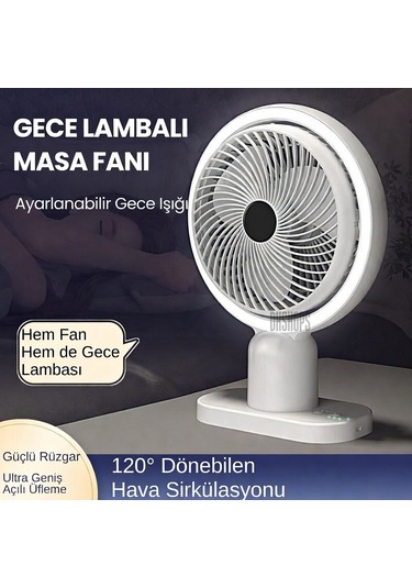 Usb Şarjlı Lambalı Masaüstü Mini Fan 3 Kademeli Hız Ayarlı 180 Derece Vantilatör