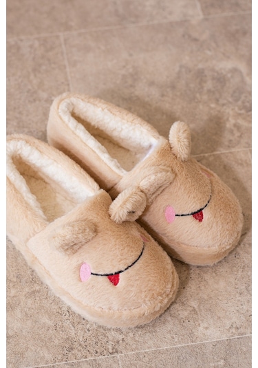 Albishoes Kışlık Içi Tüylü Kadın Ev Ayakkabı Kurbağa Figürlü Kaydırmaz Rahat Taban Panduf Ev Botu Bej