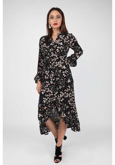 Kadın Çiçekli Viskon Elbise Siyah