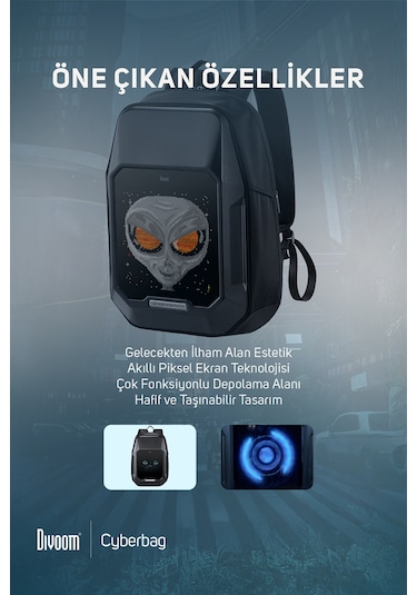Divoom Pixoo Cyberbag Siyah Piksel Led Ekranlı Sırt Çantası Siyah