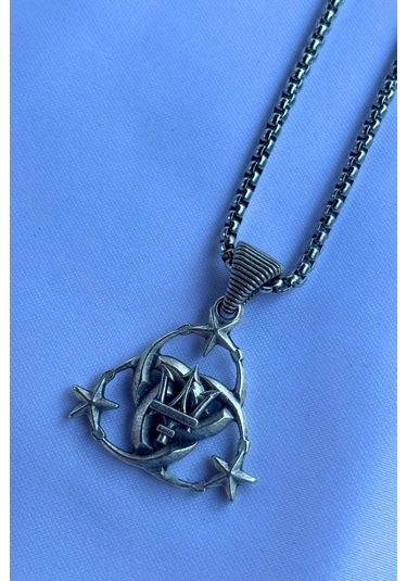 Mızraklı Ay Yıldız El İşçiliği Paslanmaz Çelik Zincir Erkek Kolye Gümüş