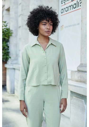 Kadın Likrasız Modal Kumaş Uzun Kol Hafif Kısa Gömlek-yağ Yeşili YAĞ YEŞİLİ