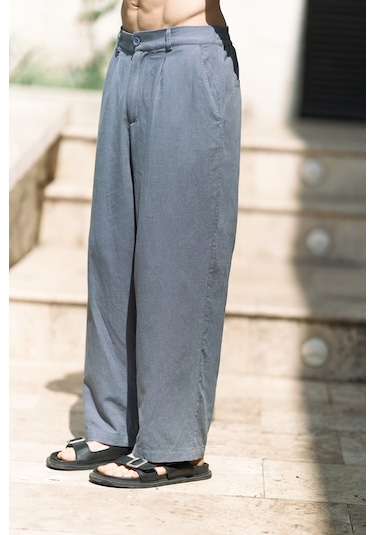 Fyfaha Bol Paça İndigo Erkek Keten Pantolon İndigo