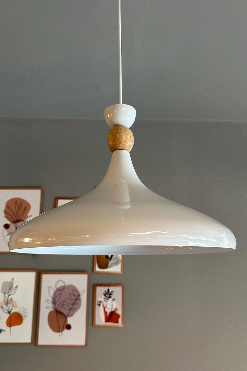 Beyaz İç Beyaz Ahşap Şapka Tekli Avize Sarkıt Salon Mutfak Cafe Butik Lamba Aydınlatma Avizeler Beyaz - Beyaz