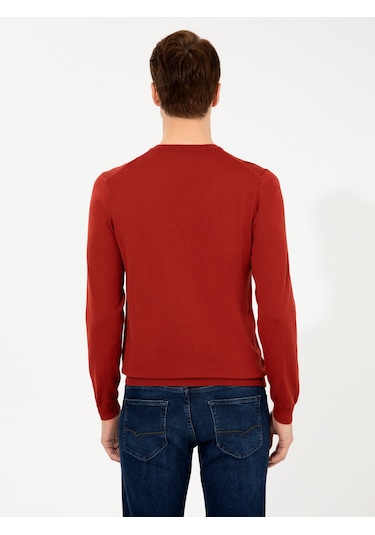Cacharel Koyu Kiremit Slim Fit Bisiklet Yaka Basic Triko Kazak Kırmızı