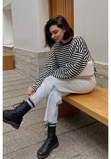 Siyah Çizgili Sweatshirt Mg2572 Siyah