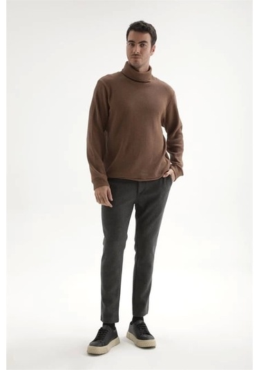 Erkek Balıkçı Yaka Fitilli Kazak Kahverengi Kahverengi