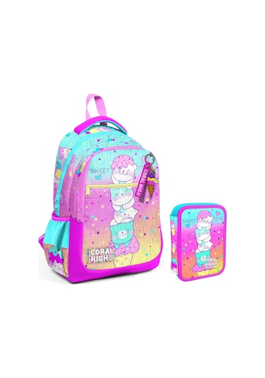 Coral High Yeşil Pembe Dondurma Ve Kediler Kız Çocuk Okul Çantası Ve Organizer Kalemlik Seti 23648+11139 Yeşil - Pembe