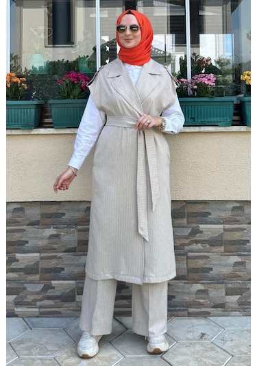 Apoletli Çizgili Takım Bej Çok Renkli