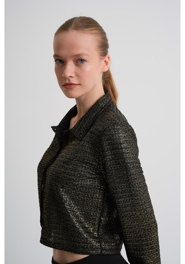 Alexandergardı Desenli Uzun Kollu Dokulu Crop Gömlek Sarı - Siyah