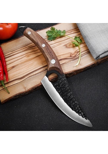 Teltree Pişirme Ve Kesim İçin Çelik Bıçak - Keskin Uç, Çelik Malzeme, Çarpıklı Finish, Narin Ahşap Sap + Deri Kılıf + Hediye Kutusu