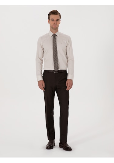 Cacharel Bej Slim Fit %100 Pamuk Klasik Gömlek