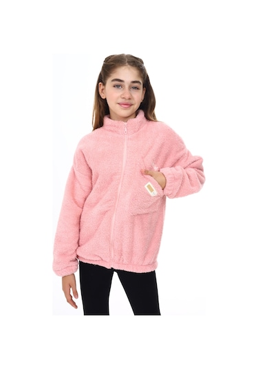 Toontoy Kız Çocuk Nakışlı Peluş Hırka Pudra