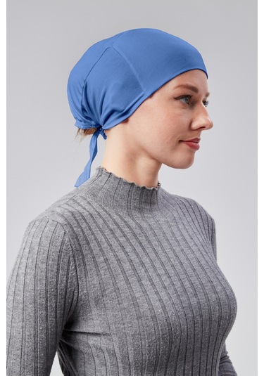 Kadın Tesettür Likralı Penye Dikişsiz Kaymaz Düz Bağlamalı Bone Açık Kot