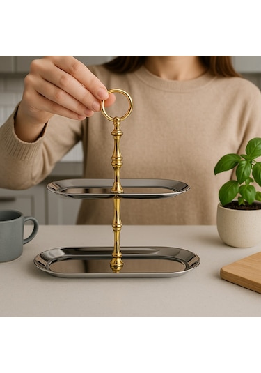 2 Katlı Kayık Tepsi Paslanmaz Çelik Sunumluk,kurabiyelik,makaronluk,söz,nişan Masa Aksesuarı,çeyiz Gold