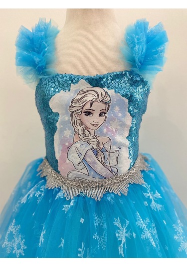 Kara Kedi Kostüm Evi-baskılı Kısa Kol Elsa Kostümü Mavi