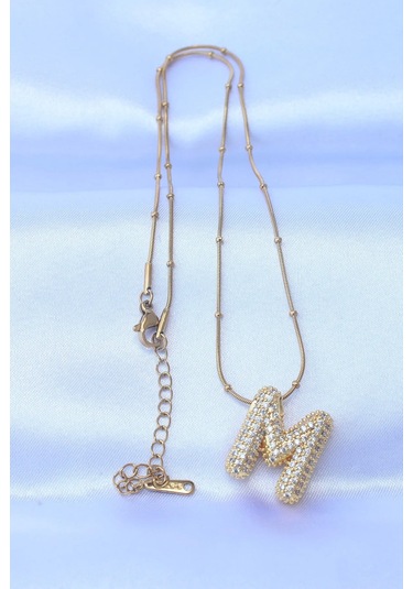 Mrs Flower Çelik Zincirli Zirkon Taşlı M Harfli Gold Renk Bubble Kolye Çok Renkli