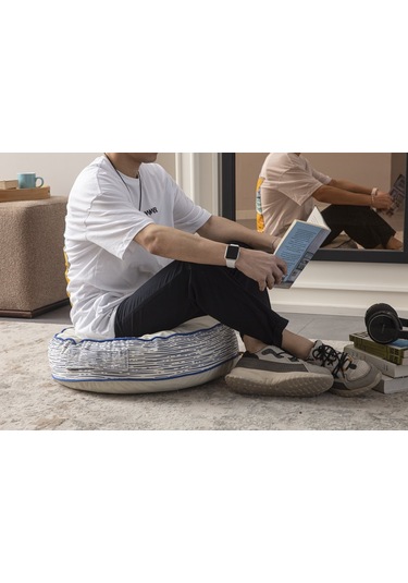 Çapa Desenli Taşınabilir Yuvarlak Dekoratif Yer Minderi Puf 60x60