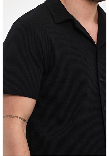 Erkek Rahat Kalıp Ottoman Kumaş Nefes Alabilen Pamuklu Apaş Yaka Gömlek Siyah